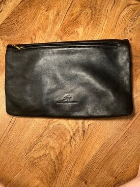 Stone Mountain Black Leather Foldover Clutch Tote Bag Zip Pocket Minimalist